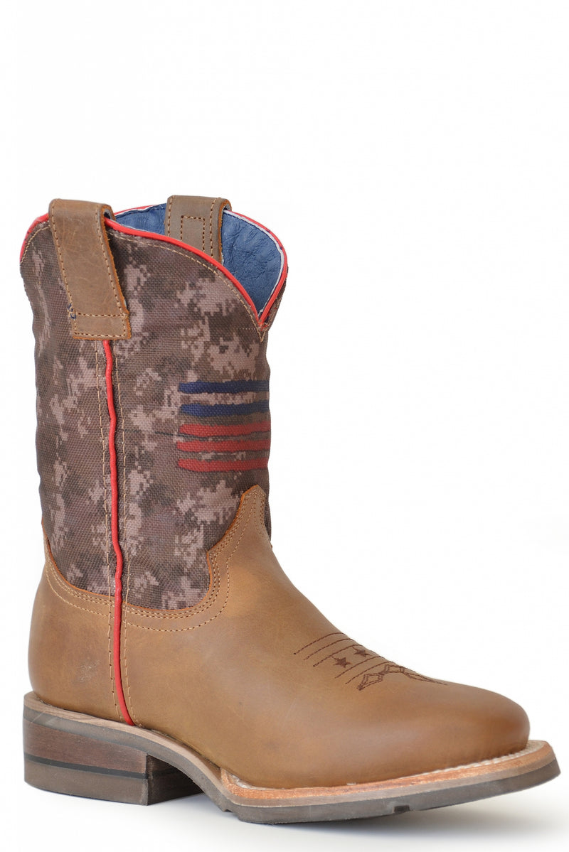 Roper Kids Burnish Brown Leather/Camo Flag Boots