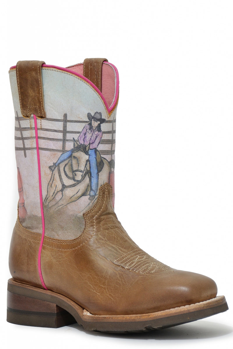 Roper Kids Barrel Racer Printed Geo Sole Leather Boots