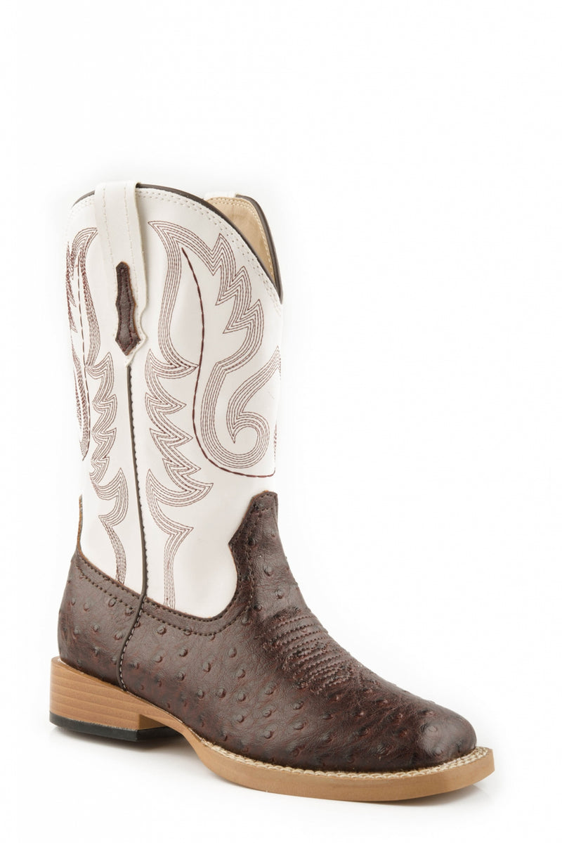 Roper Kids Sq Toe 9in Faux Ostrich Brown Boots