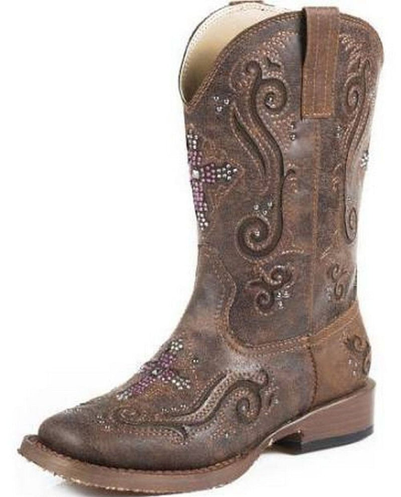 Roper Kids Sq 9in Faux Leather Cross Brn Boots
