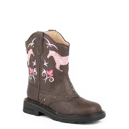 Roper Kids Horse Flowers Round Toe Brown Boots