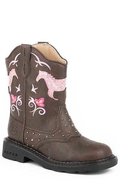 Roper Kids Horse Flowers Round Toe Brown Boots