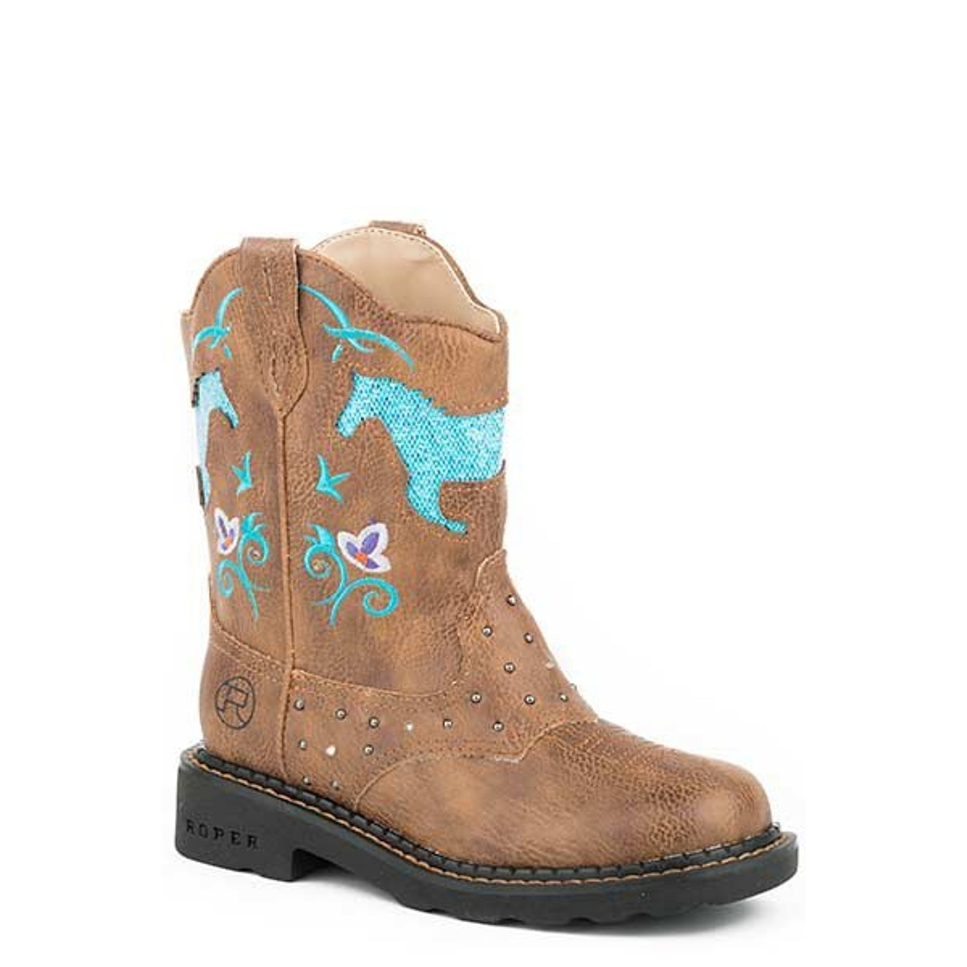 Roper Kids Horse Flowers Round Toe Brown Boots