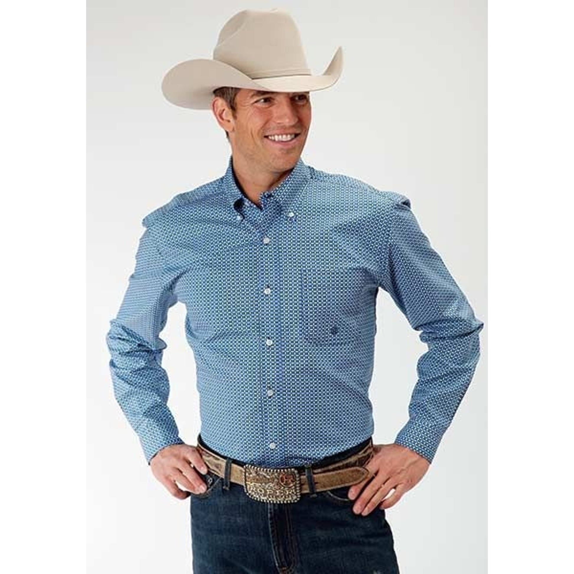 Roper Mens Amarillo Summer Picnic Shirt Lg Blu
