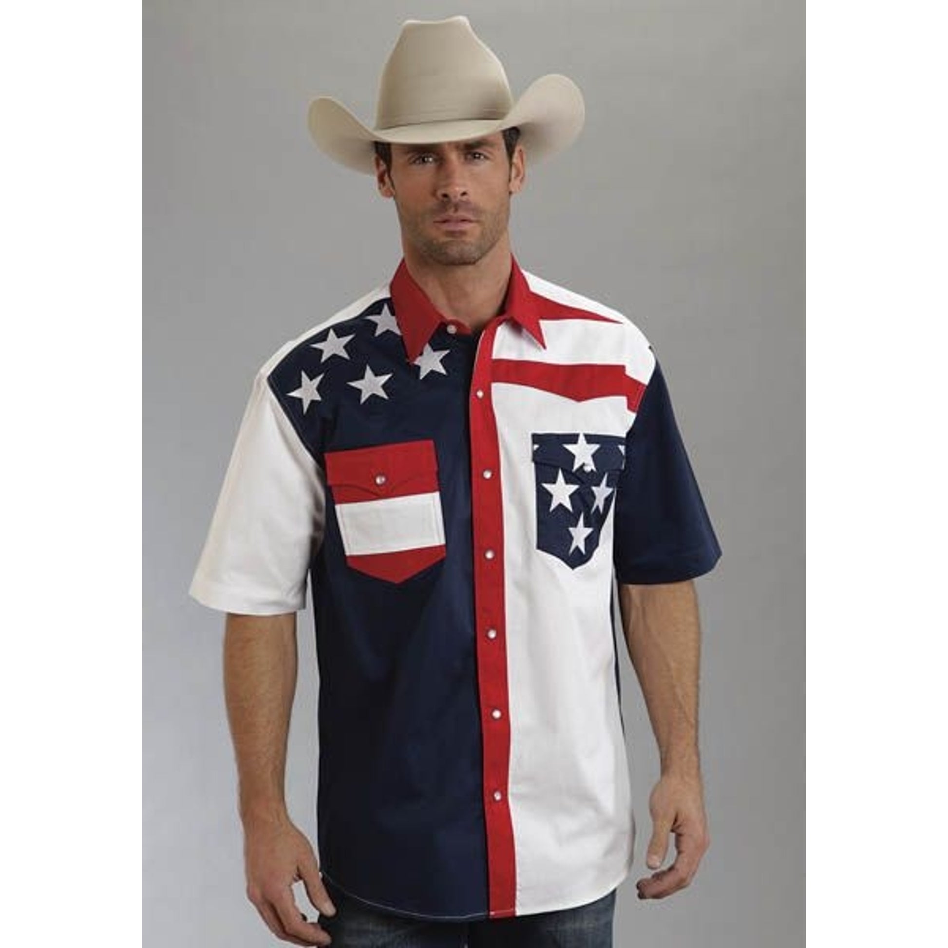 Roper Mens Americana Flag Snap Shirt Lg Blu