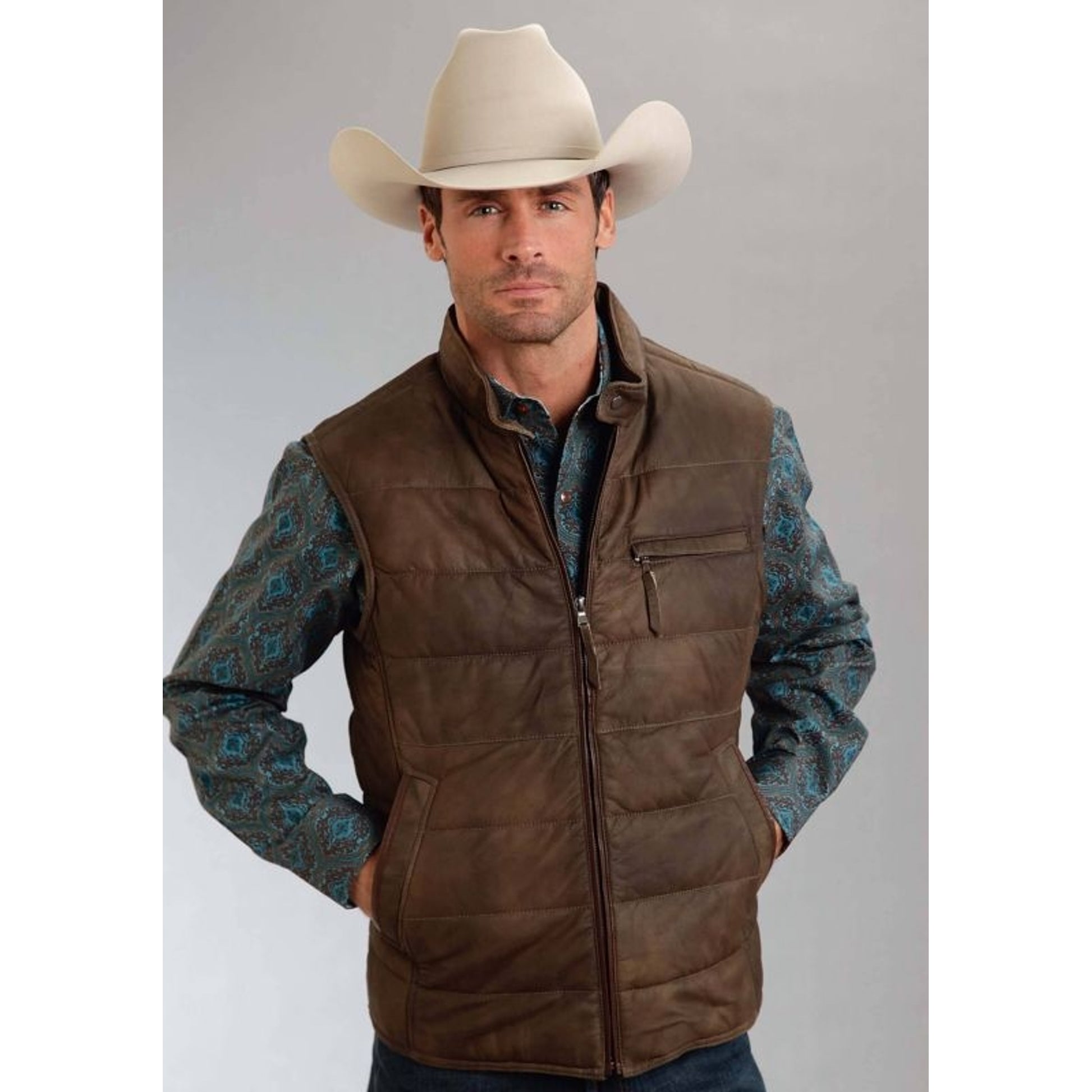 Stetson Men's Leather Puffy Vest - Brown Large Bro